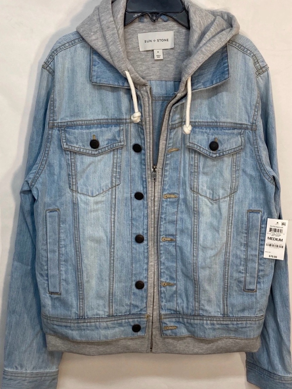 Sun + Stone Light Blue Denim Jacket with Grey Hoodie Layer